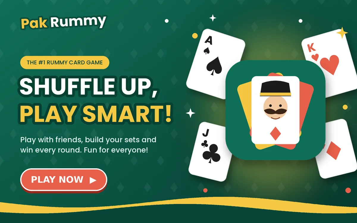 Pak Rummy app banner: shuffle up, play smart with the rummy card game app